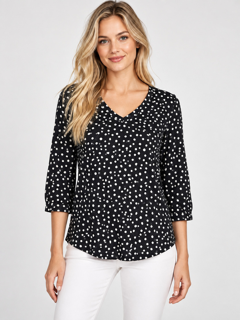 2/$30 Chico's Pima Cotton Black White Polka Dot Top L #A4920